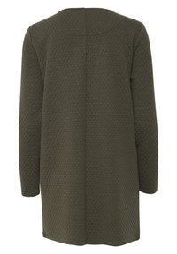 Olivgrön långärmad cardigan i strukturerad tyg, rak passform och rund halsringning. Har inga synliga beslag eller accentdetaljer.