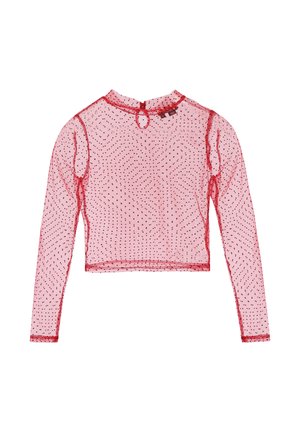 Helles rosa, langärmeliges Crop-Top mit kleinen schwarzen Polka-Dots, roten Nahtdetails und einem Schlüsselloch-Buttonverschluss am hinteren Ausschnitt.