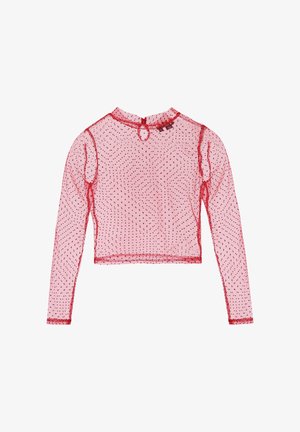 Helles rosa, langärmeliges Crop-Top mit kleinen schwarzen Polka-Dots, roten Nahtdetails und einem Schlüsselloch-Buttonverschluss am hinteren Ausschnitt.