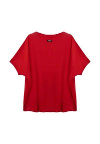 Czerwona, oversize'owa bluzka z krótkimi rękawami, zaokrąglonym dekoltem i miękkim, lekkim materiałem. Posiada metkę z tyłu na szyi.
