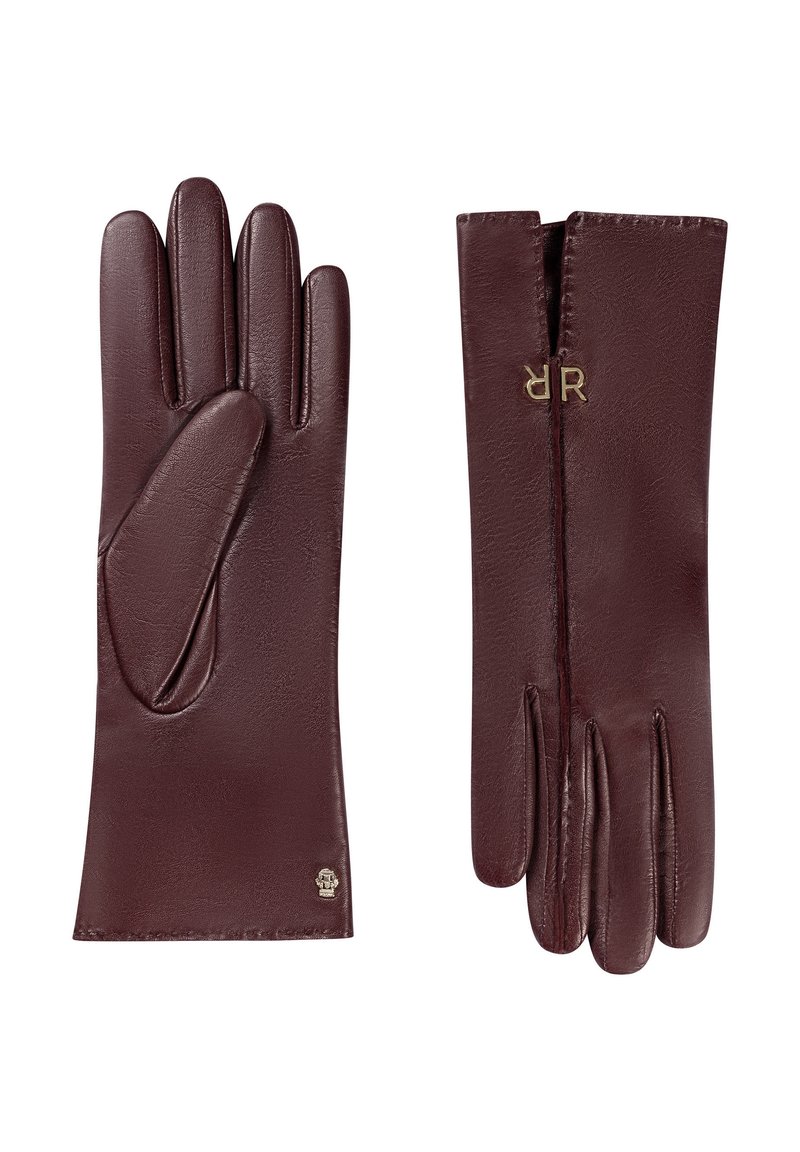 Burgunderfarbene Lederhandschuhe mit glatter Textur, die vier Finger, einen offenen Bund und dezente Markenkennzeichnung auf einer Seite aufweisen.