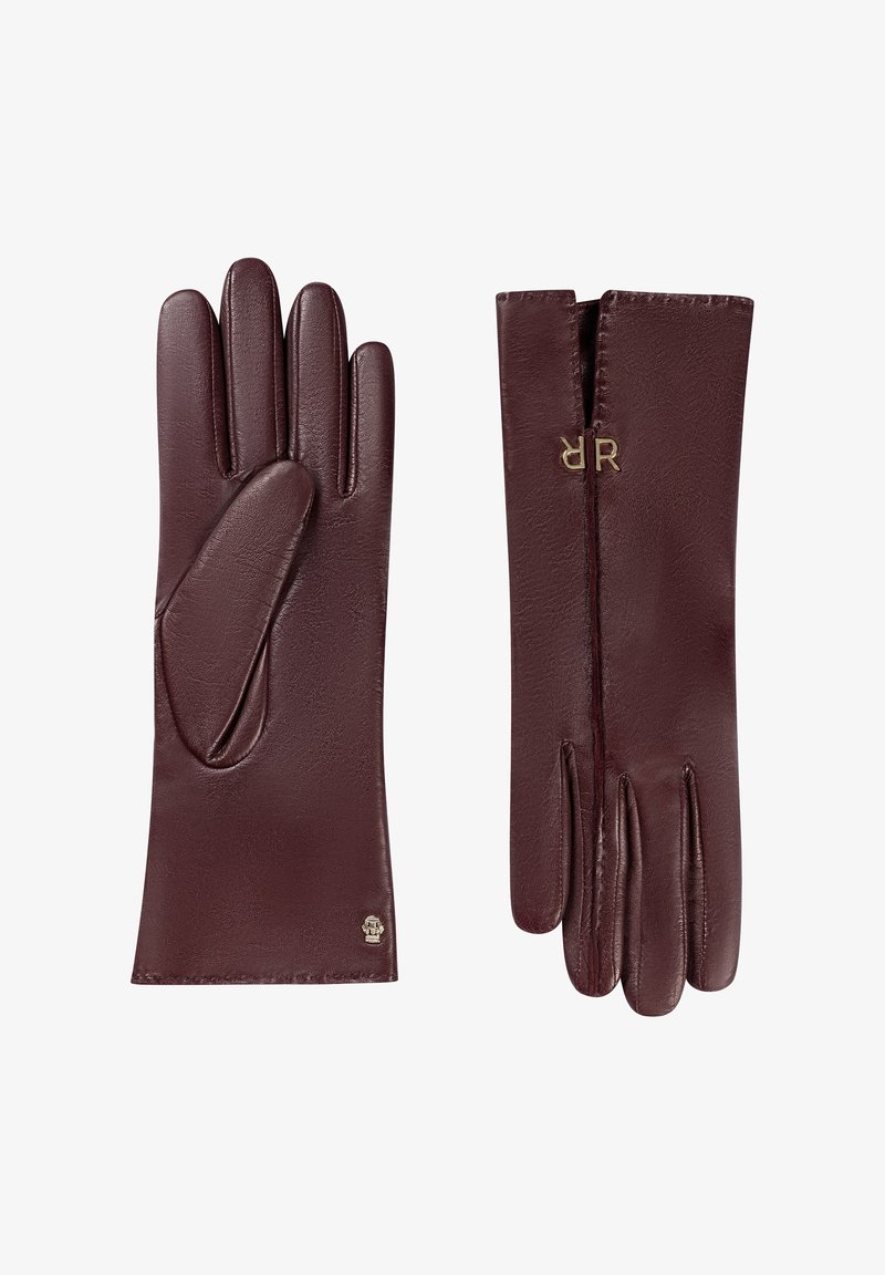 Burgunderfarbene Lederhandschuhe mit glatter Textur, die vier Finger, einen offenen Bund und dezente Markenkennzeichnung auf einer Seite aufweisen.