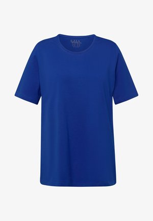 Blaues T-Shirt mit kurzen Ärmeln aus weichem Stoff, mit Rundhalsausschnitt und lässiger Passform, glatter Textur und ohne Muster.