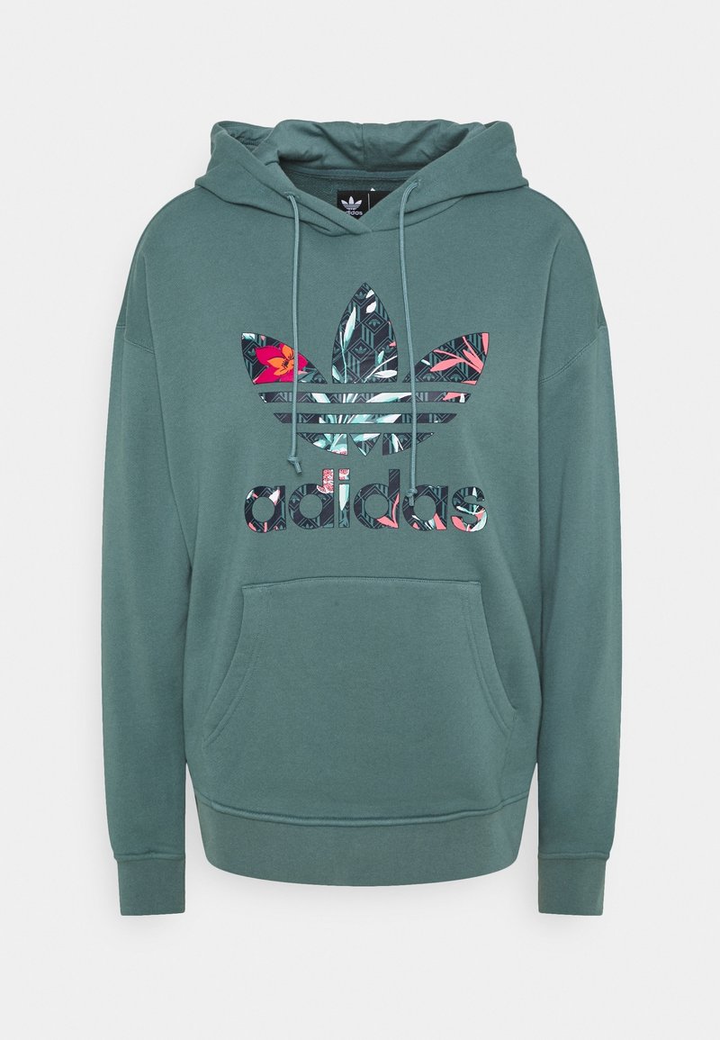 Green cotton hoodie featuring a large multicolored floral Adidas logo and pocket, with an adjustable drawstring hood and ribbed cuffs.
