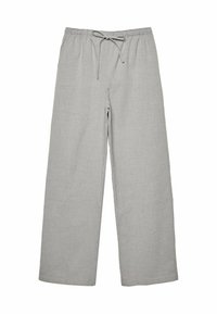 Jasnoszare, luźne spodnie z elastycznym pasem i regulowanym sznurkiem, wykonane z miękkiego, teksturowanego materiału.