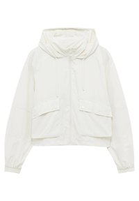 Biała krótka kurtka z kapturem, z dwoma przednimi kieszeniami, elastycznymi mankietami i zamkiem błyskawicznym. Wykonana z lekkiego, teksturowanego materiału.