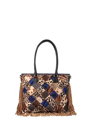 Nappulainen kangaskassi, jossa eläinkuoseja, sinisiä yksityiskohtia, mustat kahvat ja ruskeat hapsut sivuilla ja pohjassa.