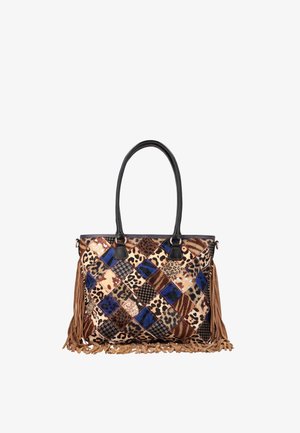 Nappulainen kangaskassi, jossa eläinkuoseja, sinisiä yksityiskohtia, mustat kahvat ja ruskeat hapsut sivuilla ja pohjassa.