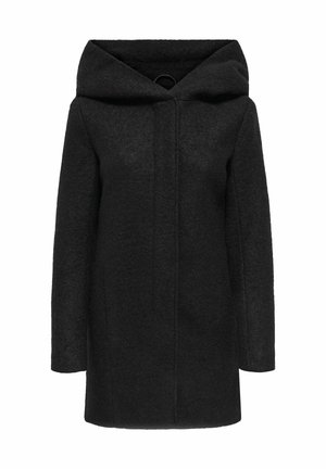 Manteau en laine noir avec une grande capuche, des manches longues et une coupe droite. Le tissu a une texture douce, avec des détails de design minimalistes.
