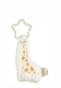 Giraffe-shaped plush toy in cream with soft fabric, yellow spots, and black accents. Includes a star-shaped silicone teether attached.