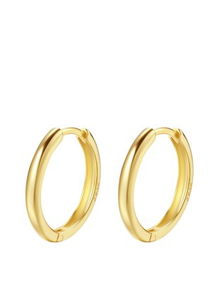 Gouden hoepeloorbellen met een gladde, gepolijste oppervlakte en een continue ronde vorm. Het ontwerp beschikt over een veilige sluitmechanisme.