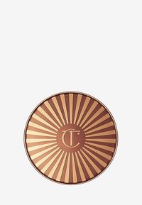 Runder Kompaktspiegel mit bronzefarbenem Metallic-Finish, das ein Sonnenstrahlenmuster und ein zentrales Logo zeigt. Glatte Textur mit leichtem Glanz.