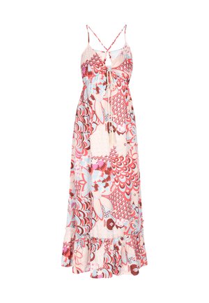 Rózsaszín, kék és piros virágmintás maxi ruha. Spagetti pántokkal, megkötős részlettel a mellen és fodros szegéllyel rendelkezik. Könnyű anyag.