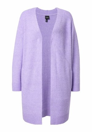 Lila langer Strickcardigan mit offenem Vorderteil, gerippten Bündchen und Seitentaschen, aus weichem, strukturiertem Stoff gefertigt.