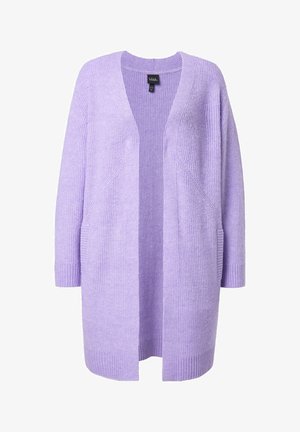 Lilakki pitkä neulehuppari, jossa avoin etuosa, resorit hihansuissa ja sivutaskut, valmistettu pehmeästä ja teksturoidusta kankaasta.