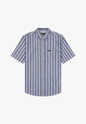 Meeste lühikeste varrukatega triiksärk siniste ja valgete vertikaalsete triipudega ning rinnataskuga, millel on väike logo.