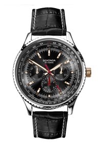 Analogue watch with a black leather strap, silver case, black dial, gold and white hour markers, and red accent details. Features chronograph.