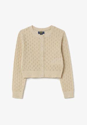 Cardigan en tricot beige avec un motif ajouré texturé, col rond et fermeture à bouton sur le devant. Manches longues et longueur cropped.