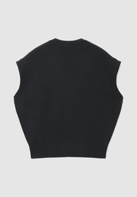 Schwarzes, gestricktes ärmelloses Oberteil mit rundem Ausschnitt, lockerem Sitz und breiten Schultern. Glatte Textur mit gerippten Kanten am Saum und am Ausschnitt.