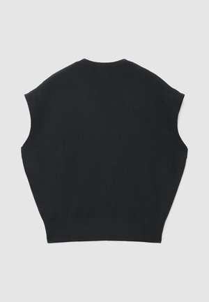 Top nero senza maniche lavorato a maglia con scollo rotondo, vestibilità ampia e spalle larghe. Texture liscia con bordi a costine sull'orlo e sullo scollo.