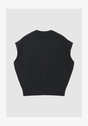 Schwarzes, gestricktes ärmelloses Oberteil mit rundem Ausschnitt, lockerem Sitz und breiten Schultern. Glatte Textur mit gerippten Kanten am Saum und am Ausschnitt.