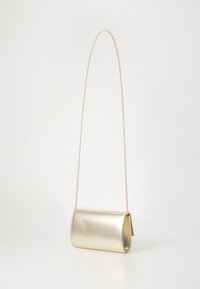 Gold metallic clutch purse with a smooth texture, rounded shape, and a thin chain strap. Features a fold-over flap design.
