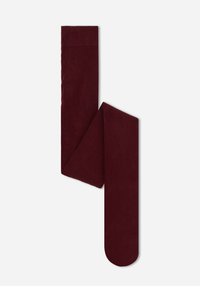 Burgundyrö tights tillverkade av mjukt, ogenomskinligt tyg; slät textur med bred midja; hel längd med rundade tår.