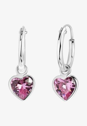 Boucles d'oreilles en argent en forme de hoops avec des pierres précieuses roses en forme de cœur, affichant des facettes et une finition polie. Remarquables pour leur couleur vive et leur design.