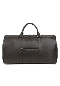 Borsa da viaggio in pelle marrone scuro con zip superiore, due manici e una tasca anteriore con zip. Presenta una texture liscia e sottili accenti di cucitura.