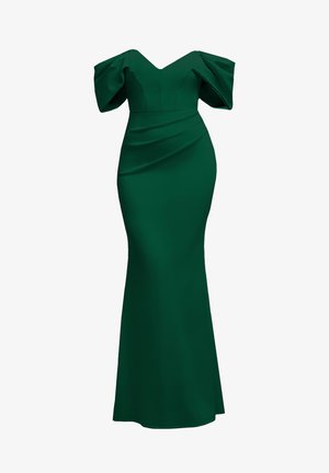 Grøn satin aftenkjole med off-the-shoulder puffærmer, tætsiddende bodice og en gulvlængde nederdel med draperede detaljer.