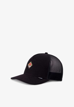 Black cap featuring a corduroy front and mesh back, with a small logo patch on the front panel and a curved brim.