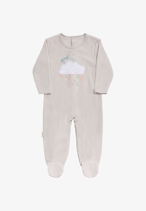 Pijama de felpa gris claro para bebé, con mangas largas y diseño con pies, que presenta una nube bordada y gotas de lluvia coloridas, además del texto "buenas noches".