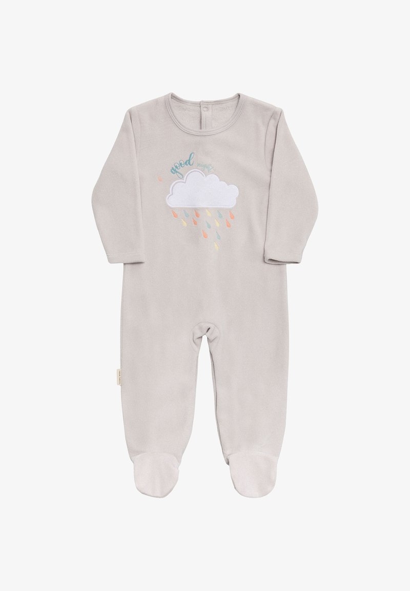 Pijama de felpa gris claro para bebé, con mangas largas y diseño con pies, que presenta una nube bordada y gotas de lluvia coloridas, además del texto "buenas noches".