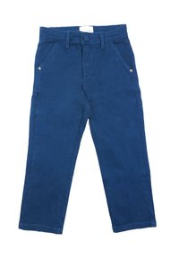 Pantaloni in cotone blu con vestibilità dritta, dotati di chiusura a bottone, gancio in vita e tasche laterali con accenti metallici.