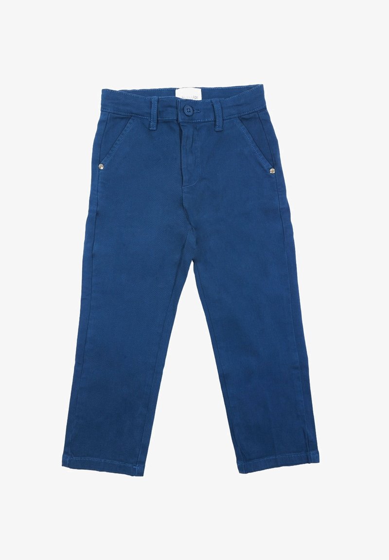 Pantaloni in cotone blu con vestibilità dritta, dotati di chiusura a bottone, gancio in vita e tasche laterali con accenti metallici.