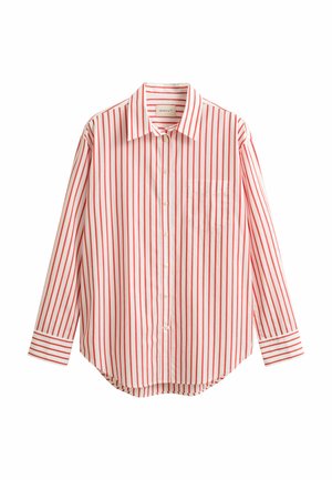 Chemise blanche à manches longues avec boutons, rayures verticales rouges et une poche poitrine, dotée d'un col classique et d'un ourlet arrondi.