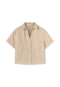 Camicia beige a maniche corte con colletto, dotata di due tasche frontali e chiusura con bottoni. Tessuto morbido con vestibilità comoda.