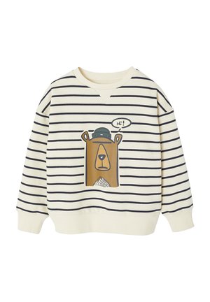 Cream striped sweatshirt featuring a bear graphic with a green hat and a speech bubble. Ribbed cuffs and neckline, soft texture.