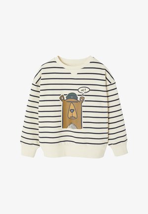 Cream striped sweatshirt featuring a bear graphic with a green hat and a speech bubble. Ribbed cuffs and neckline, soft texture.