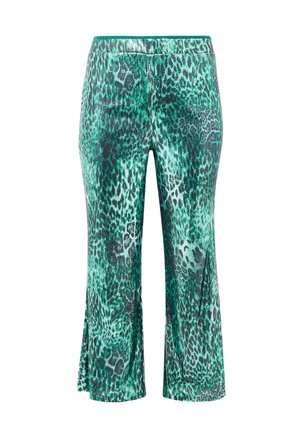 Grønne og sorte leopardmønstrede flared bukser med elastisk talje, præsenteret på en hvid baggrund.