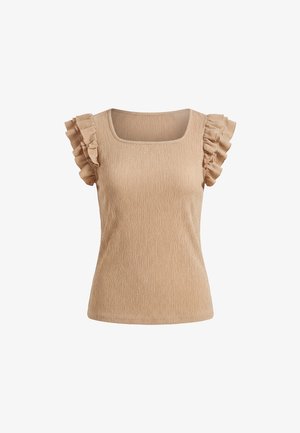 Top bej texturat, fără mâneci, cu decolteu pătrat și detalii cu volane suprapuse pe umeri.