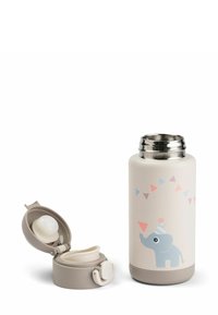 Thermos en acier inoxydable avec une finition mate rose pâle, présentant un éléphant bleu et des drapeaux triangulaires colorés. Comprend un couvercle avec un insert flexible.