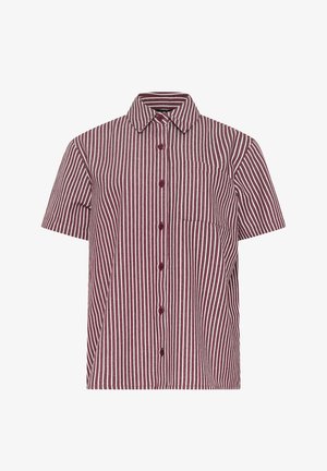 Chemise à manches courtes boutonnée avec des rayures verticales bordeaux et blanches et une poche poitrine du côté gauche.