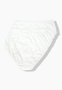 Cotone bianco in mutande impilate in fila, caratterizzate da una texture liscia e una cintura elastica. Ogni pezzo presenta un design classico a copertura totale.