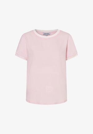 Hellrosa kurzärmeliges T-Shirt aus weichem Stoff, mit rundem Ausschnitt und kontrastierender weißer Paspel an Ärmeln und Kragen.