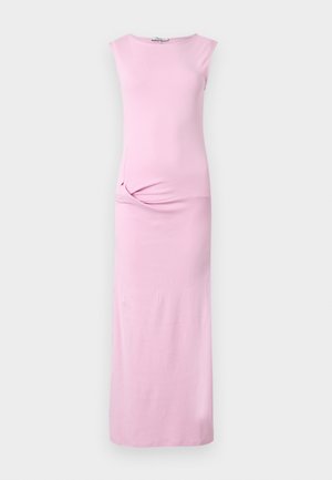 Μάξι μανίκless φόρεμα ανοιχτό ροζ με κόμπο στη μέση και ίσια γραμμή, πάνω σε απλό φόντο.