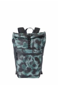 Mochila enrollable con patrón tie-dye en negro y verde, correas acolchadas para los hombros, bolsillo delantero con cremallera y parche con el logo "NITRO".
