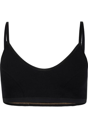 Bralette noire en tissu doux avec des bretelles fines, un décolleté arrondi et un design sans couture. Présente un subtil accent doré le long de l'ourlet.