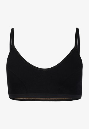 Black bralette made of soft fabric with thin straps, a rounded neckline, and a seamless design. Features a subtle gold accent along the hem.