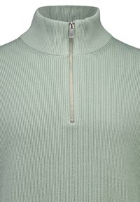 Hellgrüner, gerippter Strickpullover mit hohem Kragen und mittig angebrachtem silbernem Halb-Reißverschluss, der vom Halsausschnitt ausgeht.